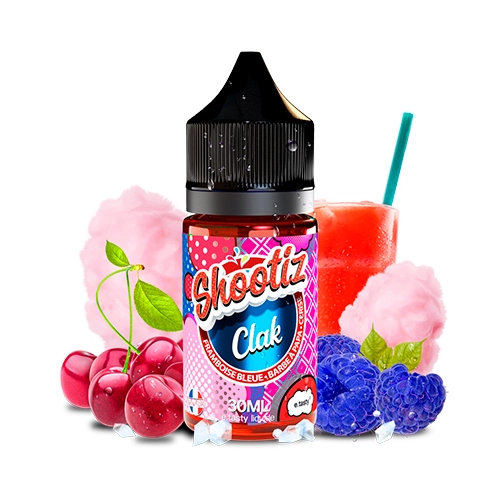 Frasco Shootiz Clak de 30 ml con tapón negro, rodeado de cerezas, frutos azules, algodón rosa y una bebida roja con pajita.