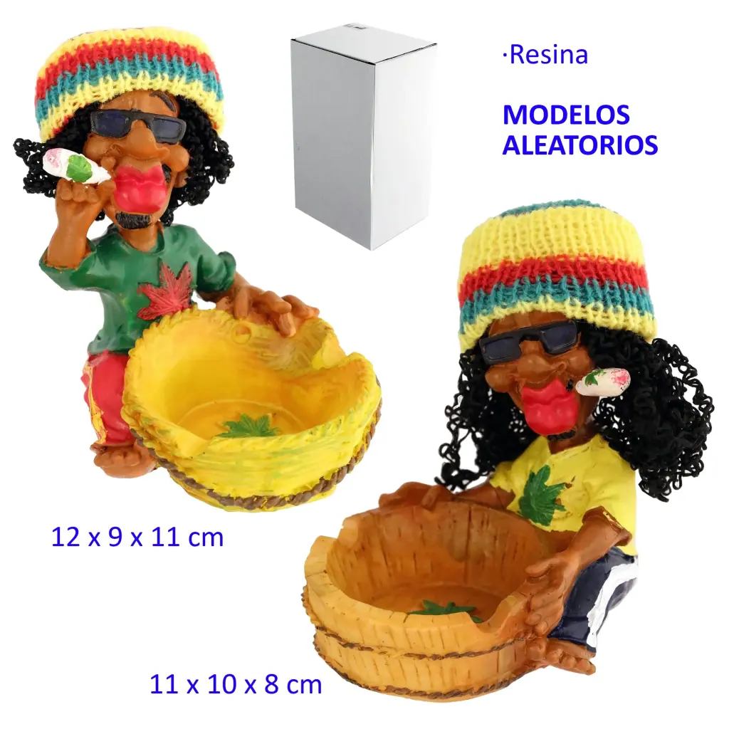 Modelos de cenicero con figuras de gorro multicolor y gafas oscuras, con cuencos amarillo y marrón; texto «modelos aleatorios».