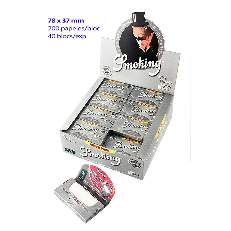 Expositor Smoking Bloc Master con varios blocs grises y uno abierto delante; el envase indica «200 rolling papers».