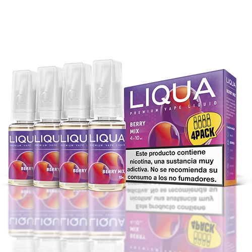 Frascos de e-líquido Liqua Berry Mix con tapones transparentes junto a su caja morada, con aviso sobre nicotina y reflejo en la base.