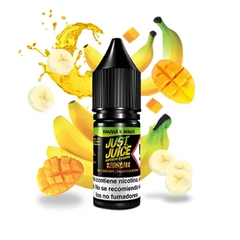 Frasco Just Juice Banana & Mango con tapón negro, rodeado de plátanos, mangos cortados y una salpicadura amarilla sobre fondo blanco.