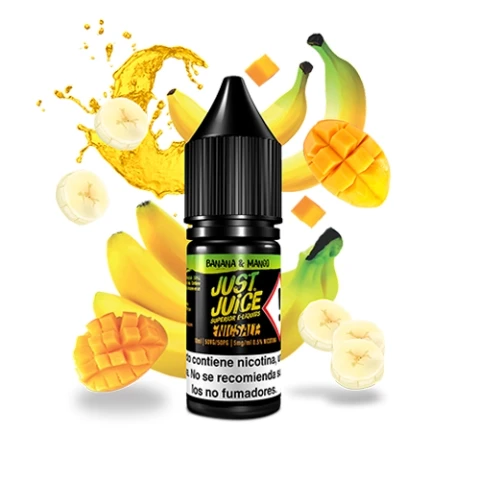 Frasco Just Juice Banana & Mango con tapón negro, rodeado de plátanos, mangos cortados y una salpicadura amarilla sobre fondo blanco.