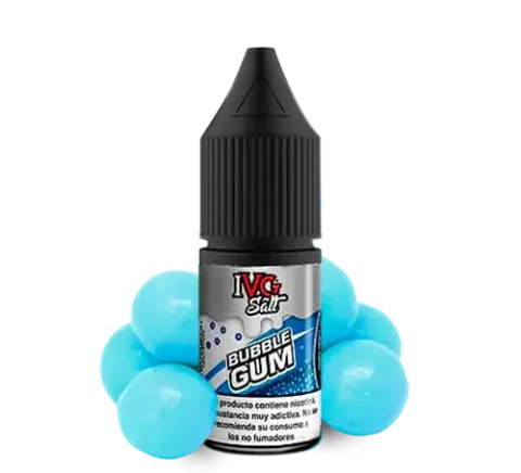 Frasco IVG Salt Bubble Gum con tapón negro y etiqueta azul y plateada, rodeado de esferas azules sobre fondo negro.