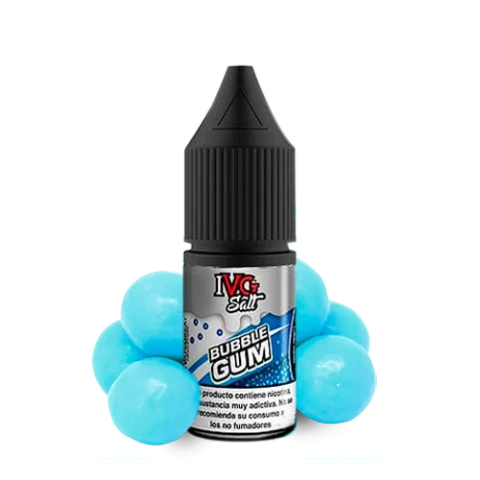 Frasco IVG Salt Bubble Gum con tapón negro y etiqueta azul y plateada, rodeado de esferas azules sobre fondo negro.