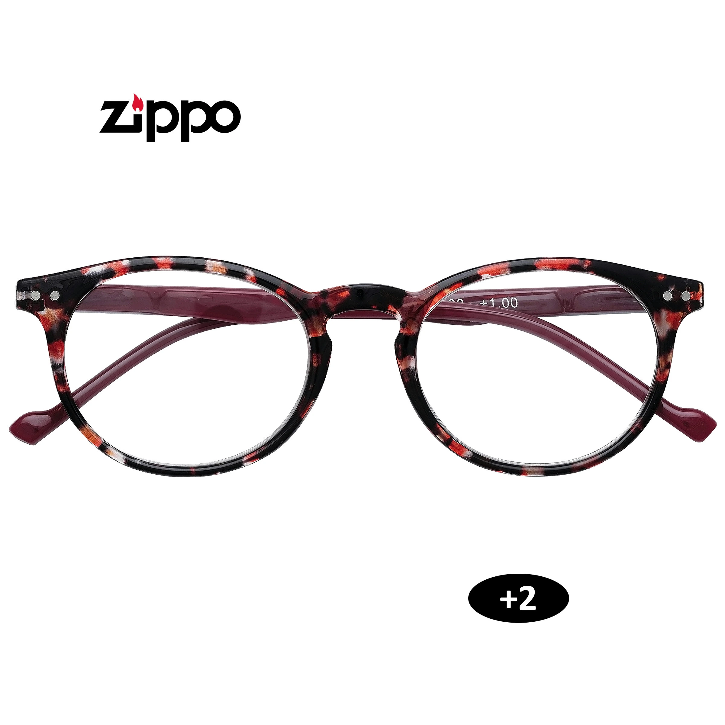 Gafas Zippo de frente, con montura negra moteada en rojo y patillas burdeos; distintivo +2 y marca +1.00 visible en una lente.