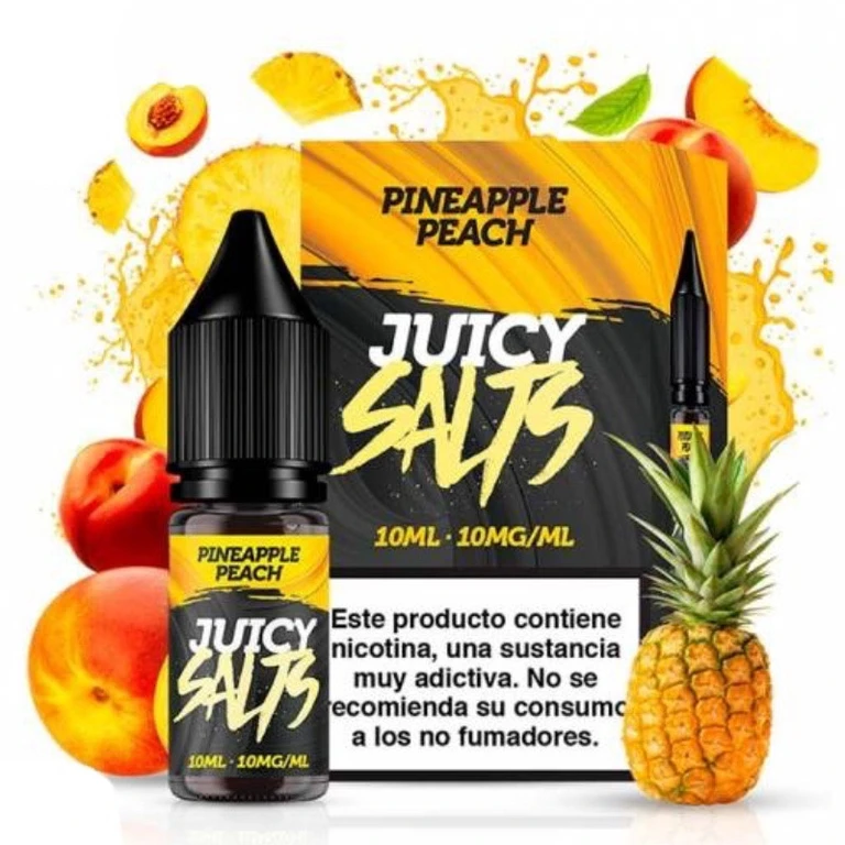 Frasco y caja de Pineapple Peach de Juicy Salts, con etiqueta de 10 ml y 10 mg/ml, rodeados de piña y melocotones.