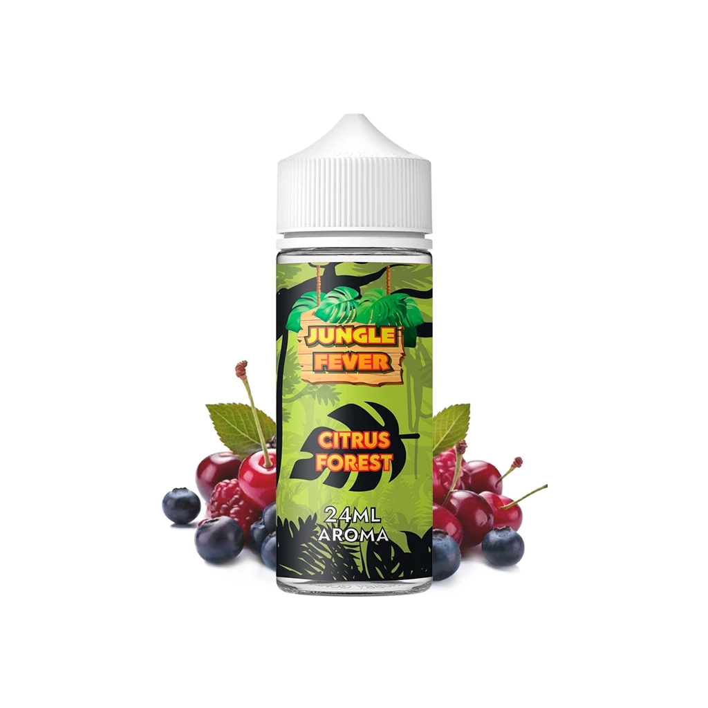 Frasco Jungle Fever Citrus Forest con tapón blanco y etiqueta verde de 24 ml de aroma, acompañado de cerezas y frutos del bosque.