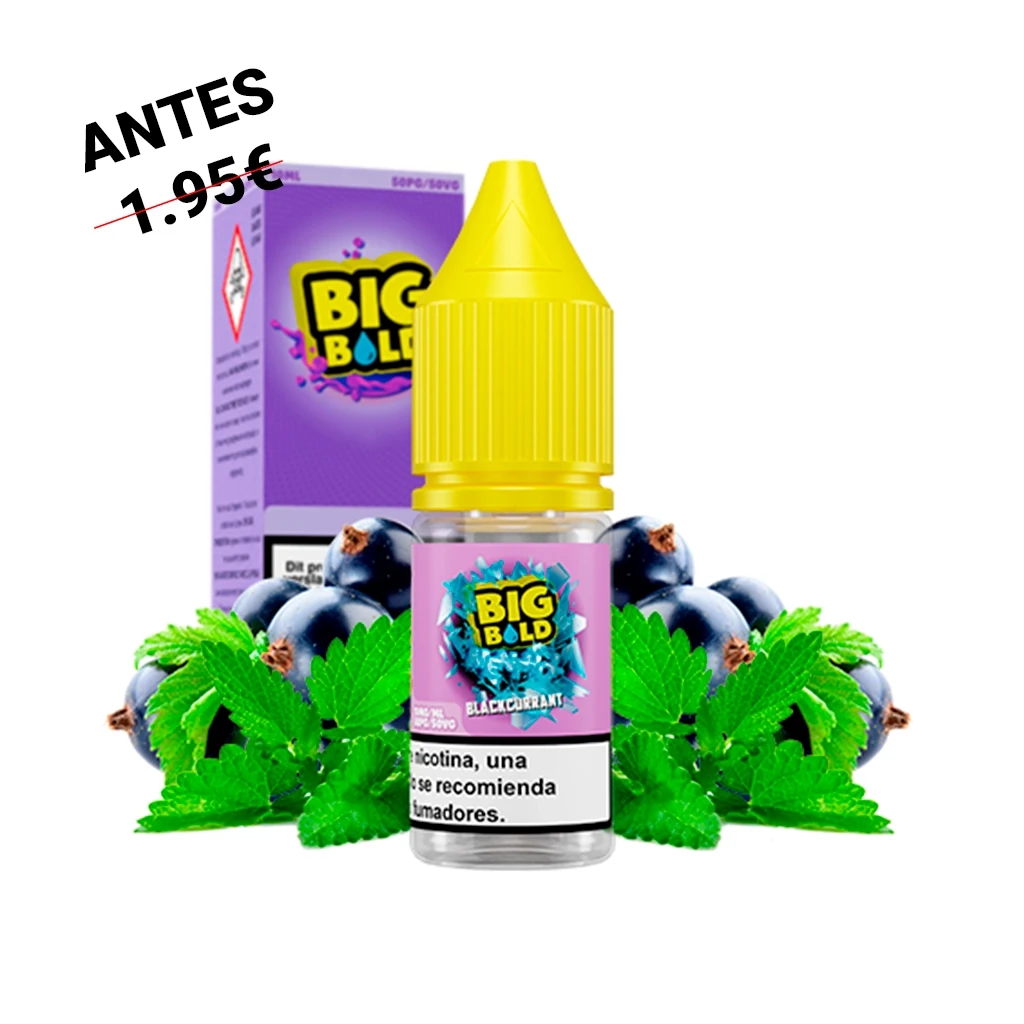 Frasco Big Bold Blackcurrant con tapón amarillo y etiqueta rosa, junto a su caja morada, grosellas negras y hojas de menta.