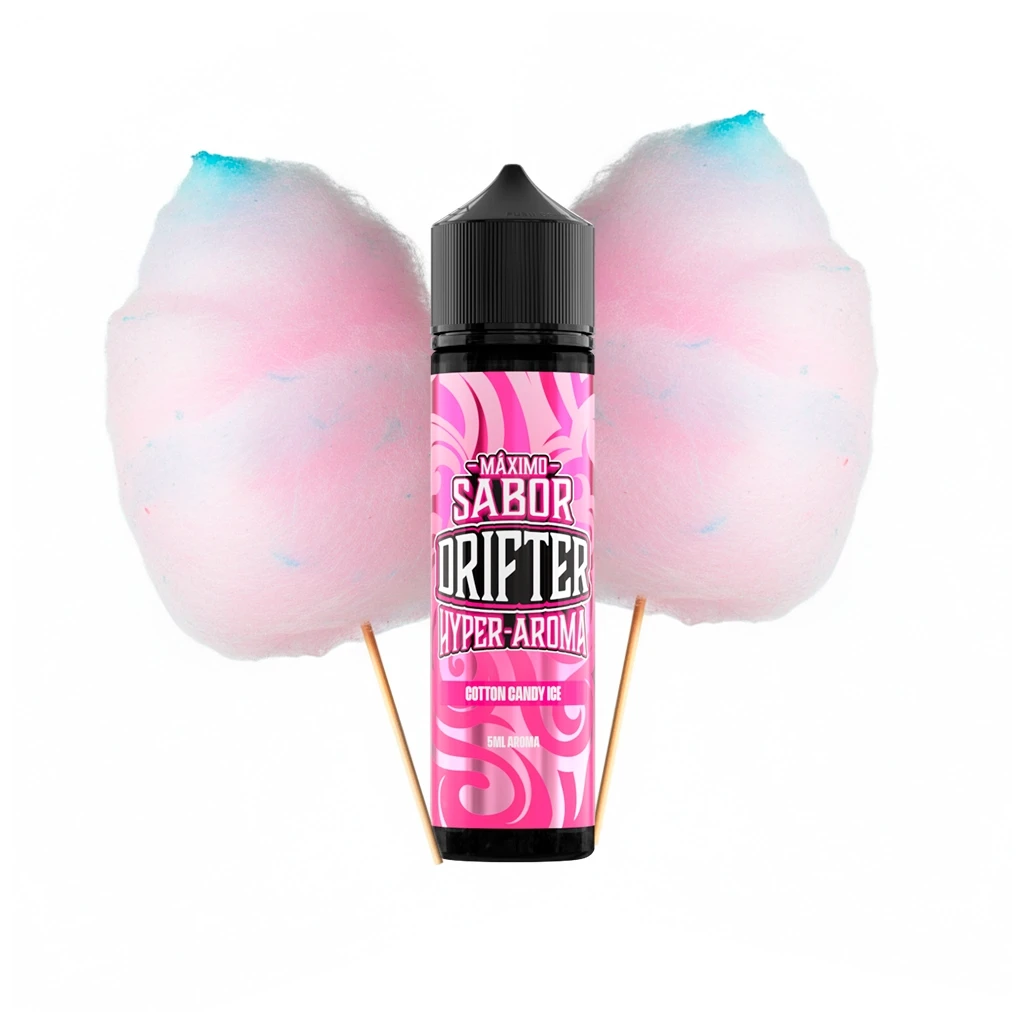 Frasco Drifter Hyper-Aroma Cotton Candy Ice con etiqueta rosa y tapón negro, delante de algodones de azúcar rosas con toques azules.