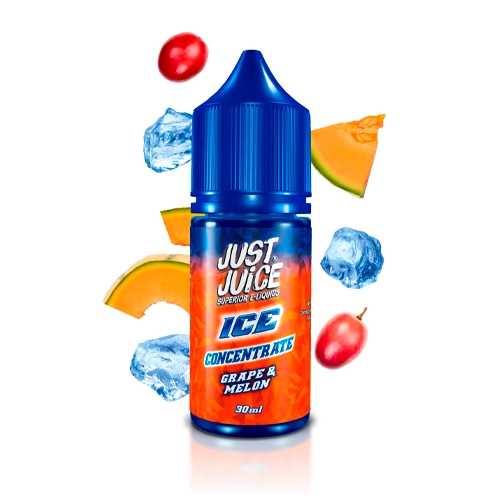 Frasco azul Just Juice Ice Grape & Melon Concentrate de 30 ml, rodeado de uvas rojas, trozos de melón y cubitos de hielo ilustrados.