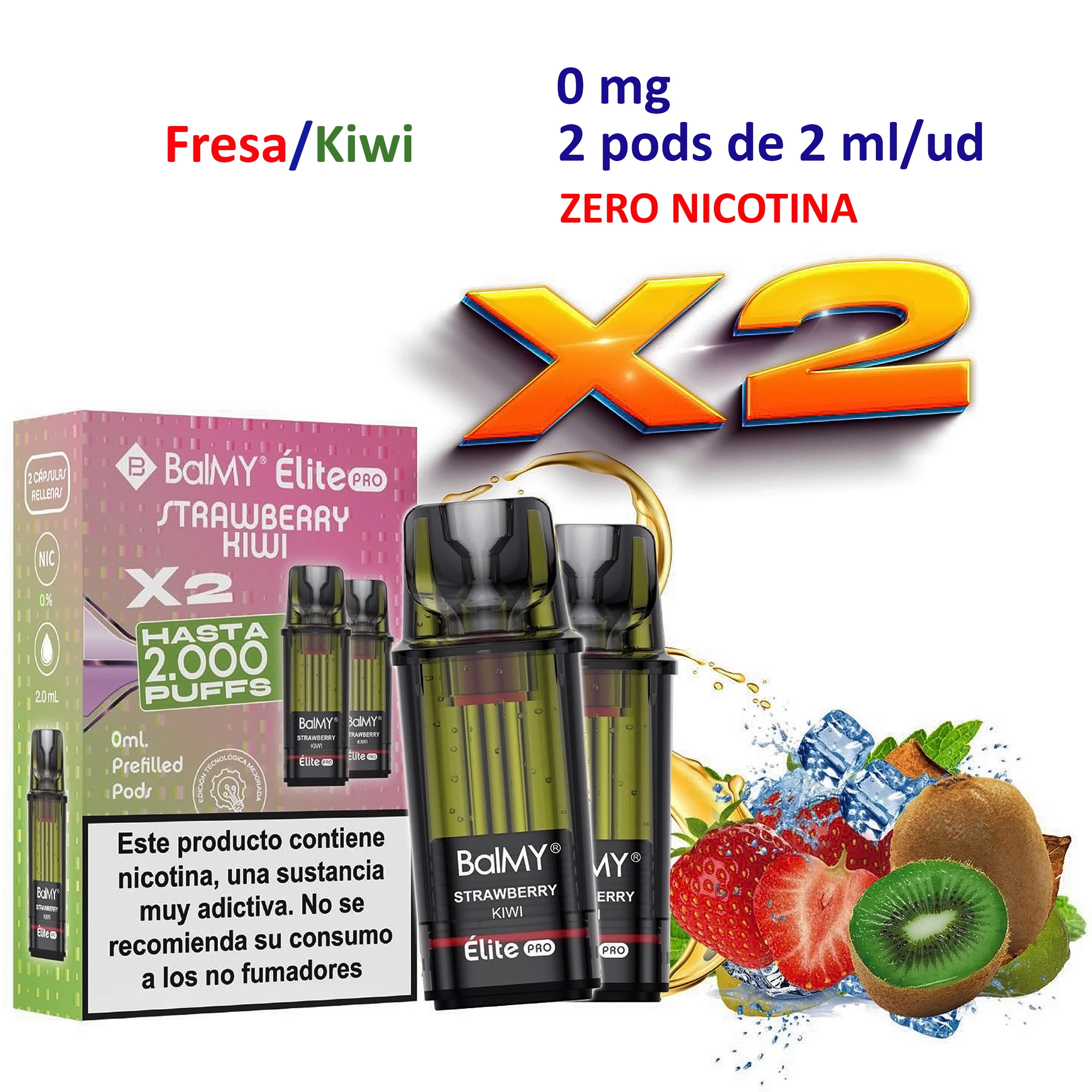 Pods BALMY ÉLITE PRO Strawberry Kiwi junto a su caja, con fresas, kiwi y hielo; el anuncio indica 0 mg y dos pods de 2 ml.