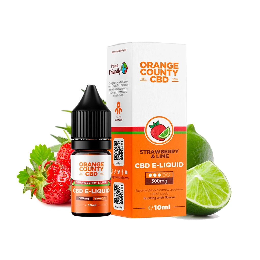 Frasco y caja de Orange County CBD Strawberry and Lime, con etiquetas de 300 mg y 10 ml, rodeados de fresas y lima cortada.