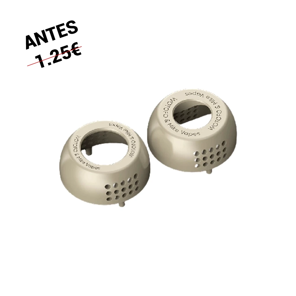 Adaptadores Airflow Wotofo Recurve V2 de tono claro, con abertura superior circular y varias filas de orificios laterales sobre fondo blanco.