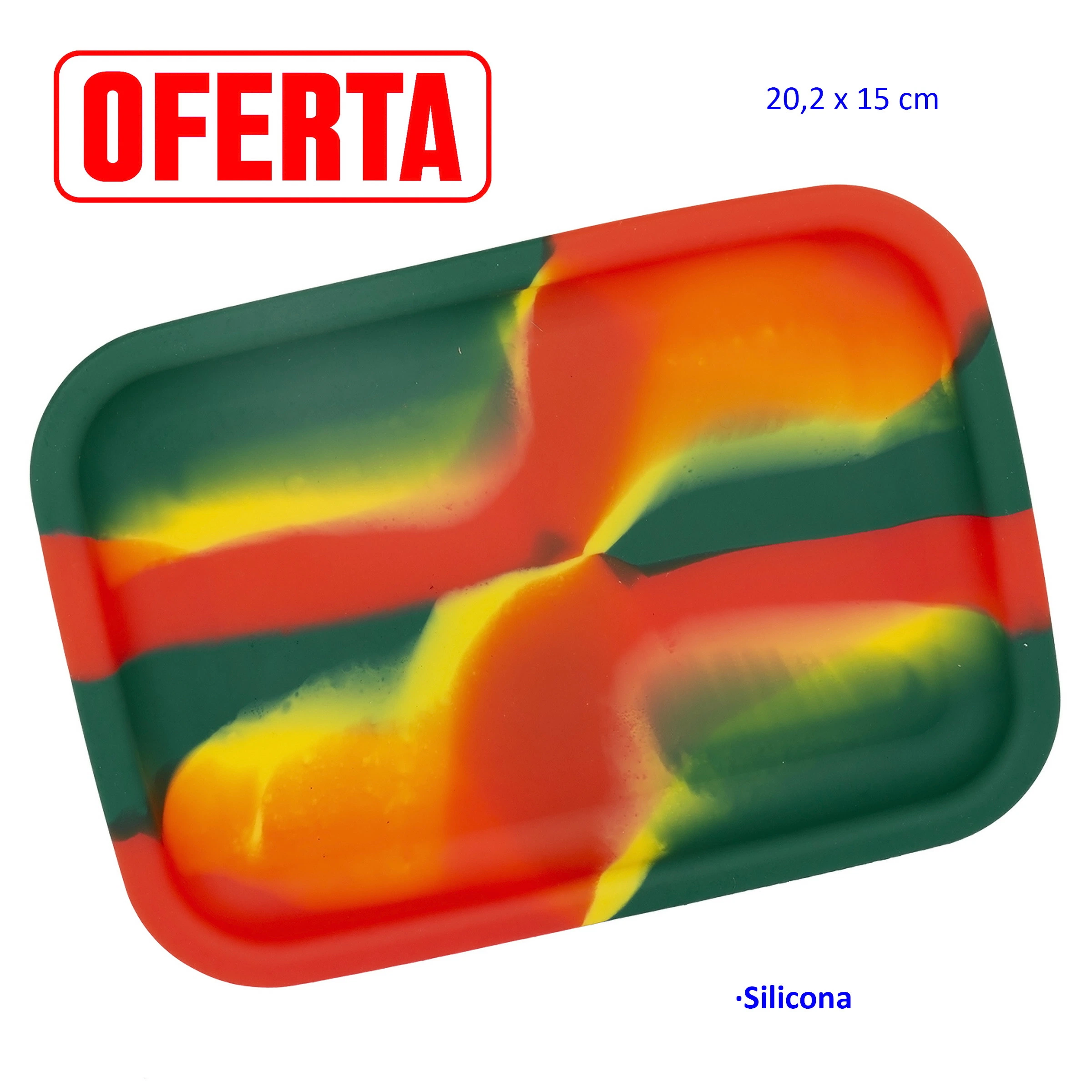 Bandeja para liar de silicona Camuflaje, rectangular con esquinas redondeadas y manchas verdes, rojas y amarillas.
