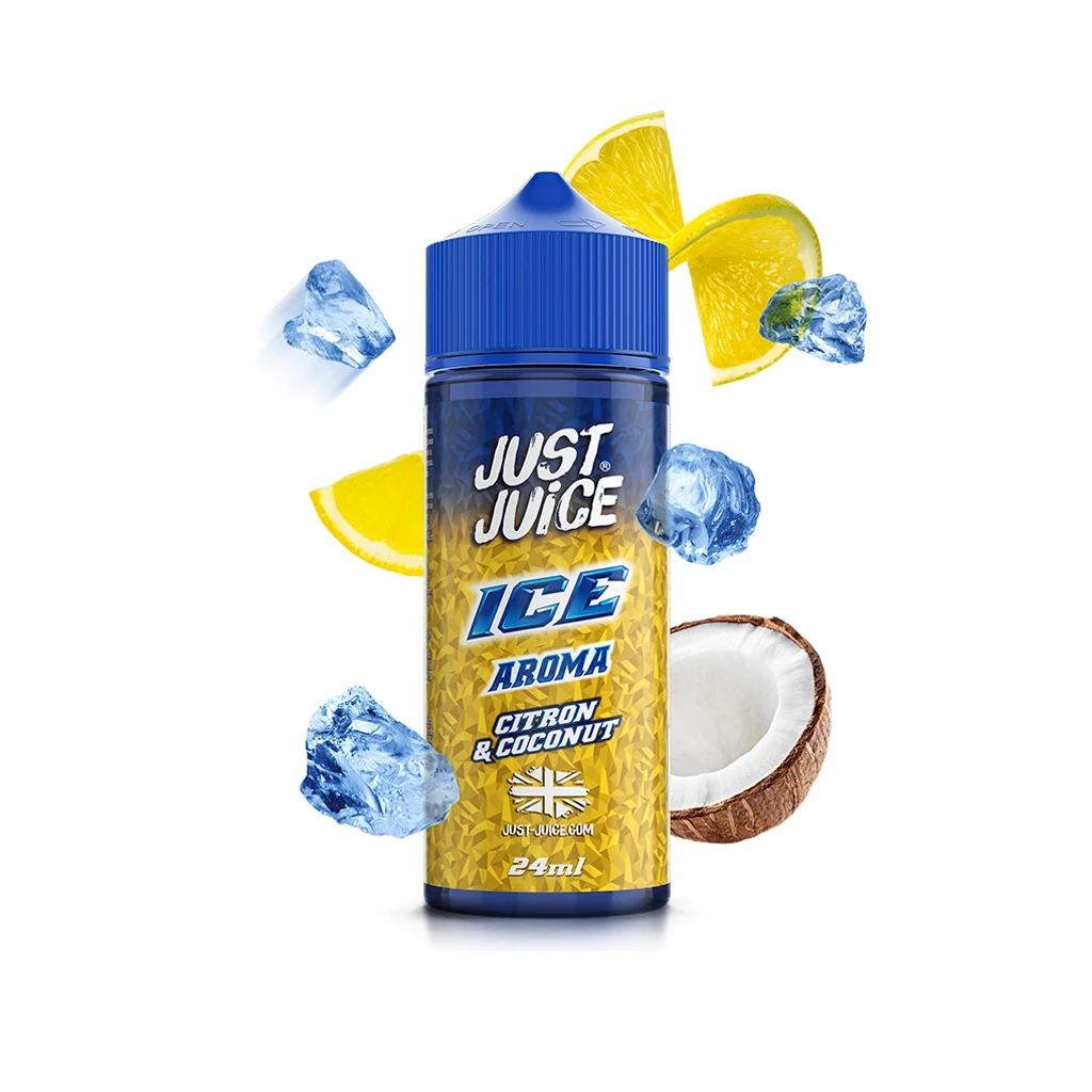 Frasco Just Juice Ice Citron Coconut con tapón azul y etiqueta amarilla, rodeado de cítricos, medio coco y cubitos de hielo.