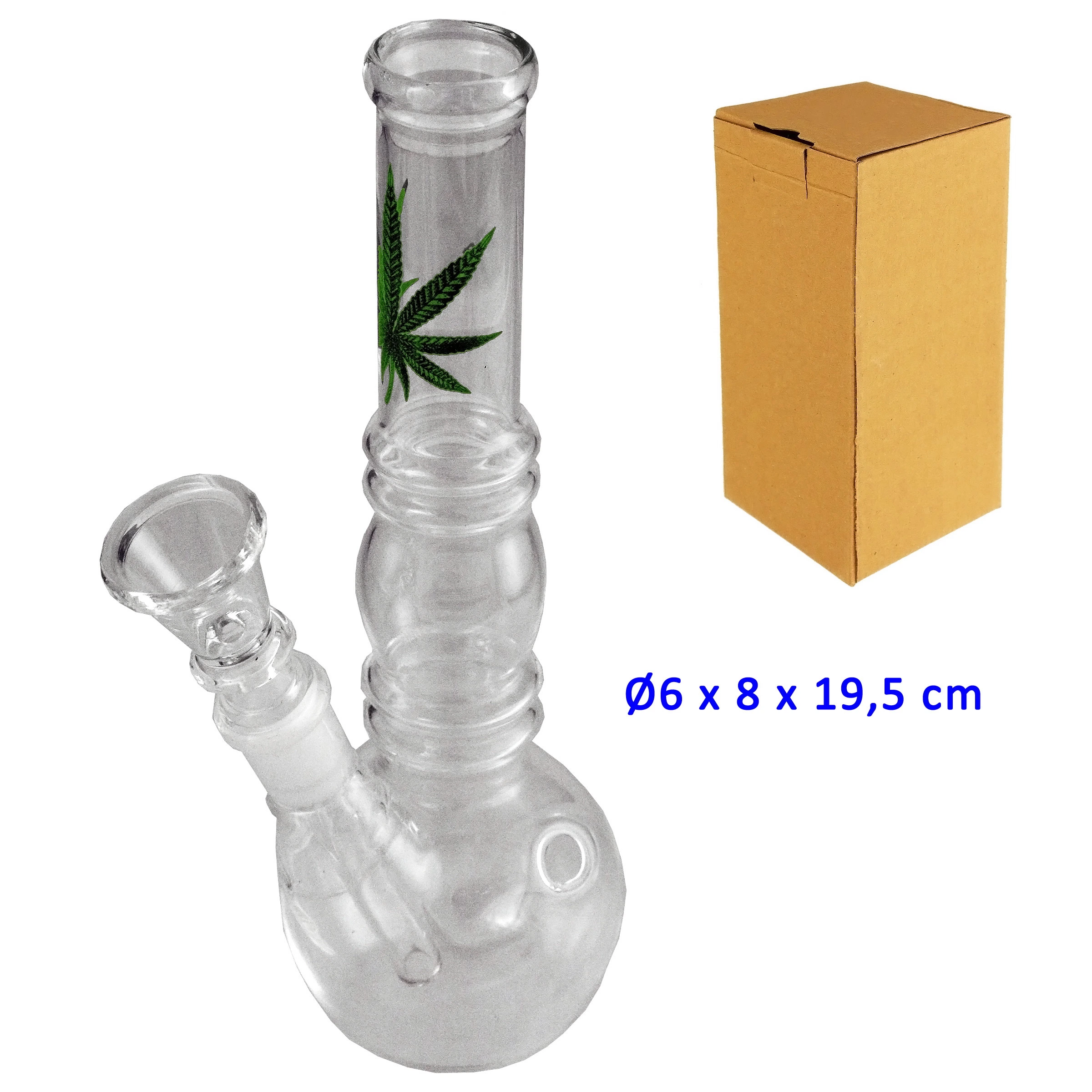 Bong de cristal transparente con base redondeada, cazoleta lateral y hoja verde en el tubo, junto a una caja marrón.