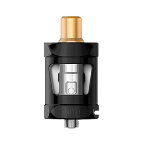 Depósito Innokin Zenith II negro con boquilla dorada, ventana transparente que muestra el interior metálico y rosca inferior.