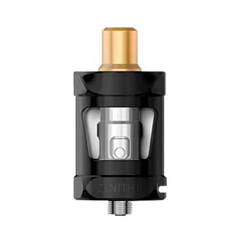 Depósito Innokin Zenith II negro con boquilla dorada, ventana transparente que muestra el interior metálico y rosca inferior.