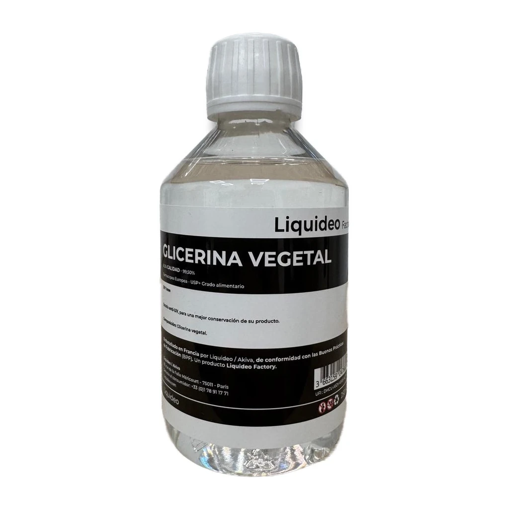 Botella transparente de base Liquideo 100% VG con tapón blanco y etiqueta en blanco y negro que indica «Glicerina vegetal».