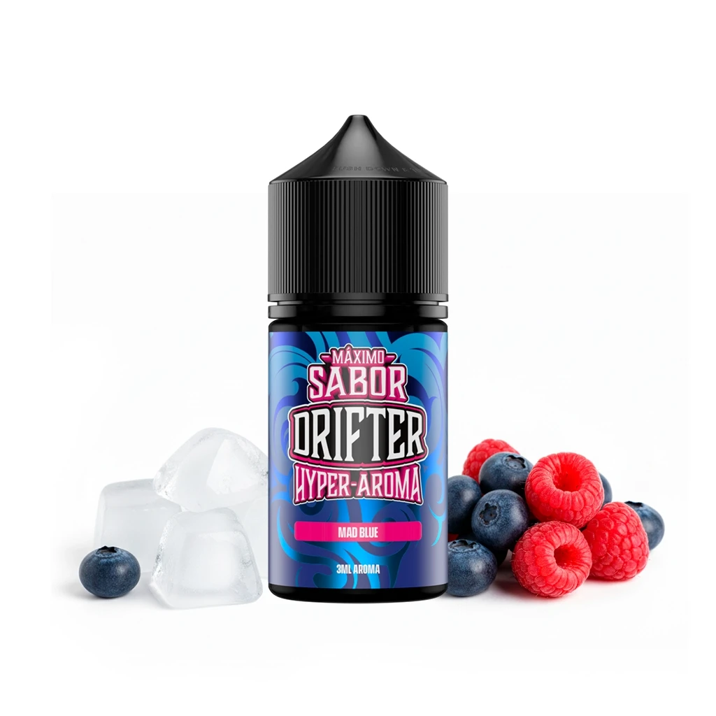 Frasco Drifter Hyper Mad Blue de 3 ml con tapón negro y etiqueta azul, rodeado de arándanos, frambuesas y cubitos de hielo.