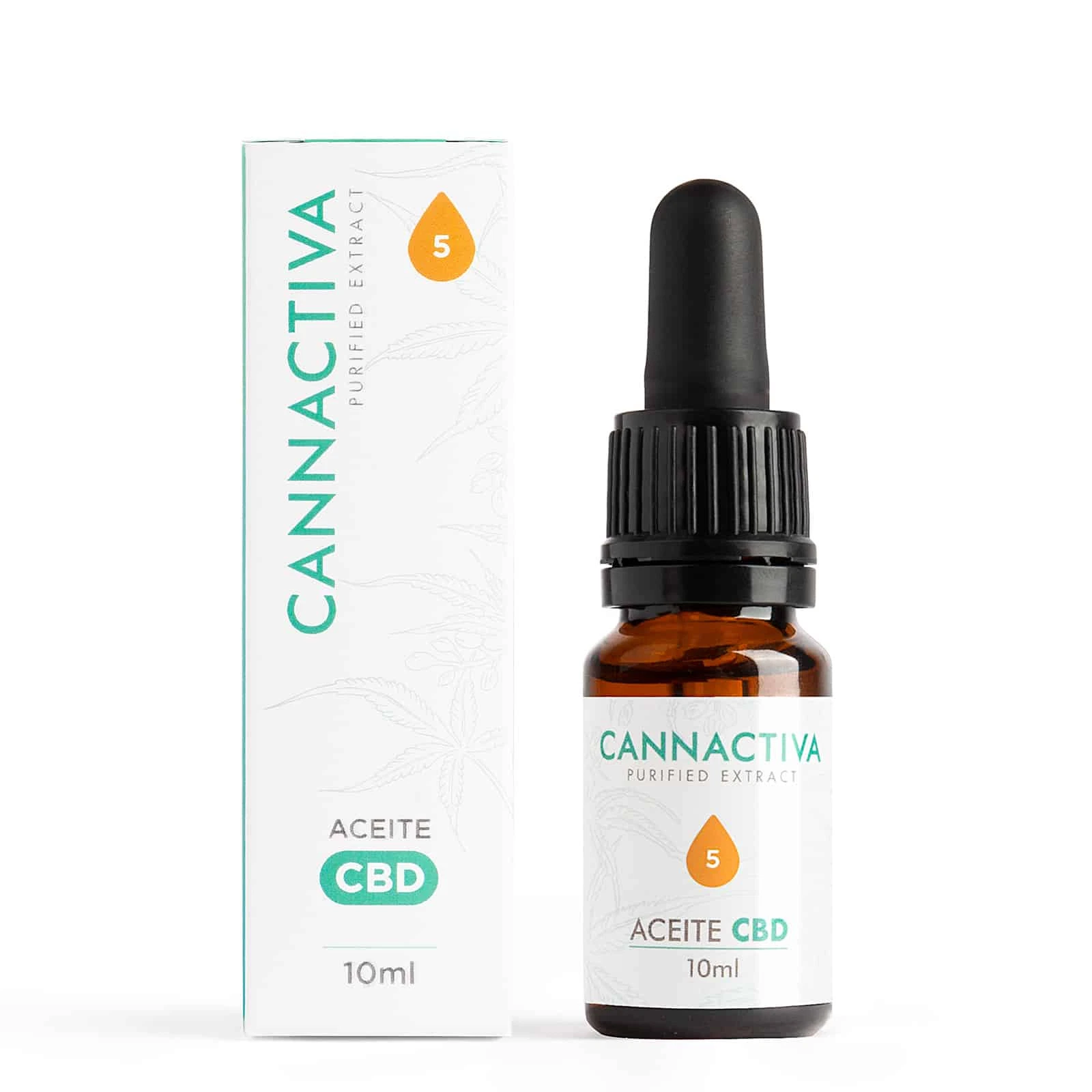 Aceite CBD Cannactiva de 10 ml en frasco ámbar con cuentagotas negro, junto a su caja blanca con letras verdes y una gota marcada con un 5.