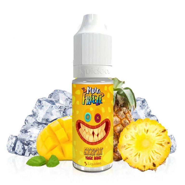 Frasco Sacripant Multi Freeze Liquideo con etiqueta amarilla y rostro sonriente, rodeado de mango, piña y cubitos de hielo.