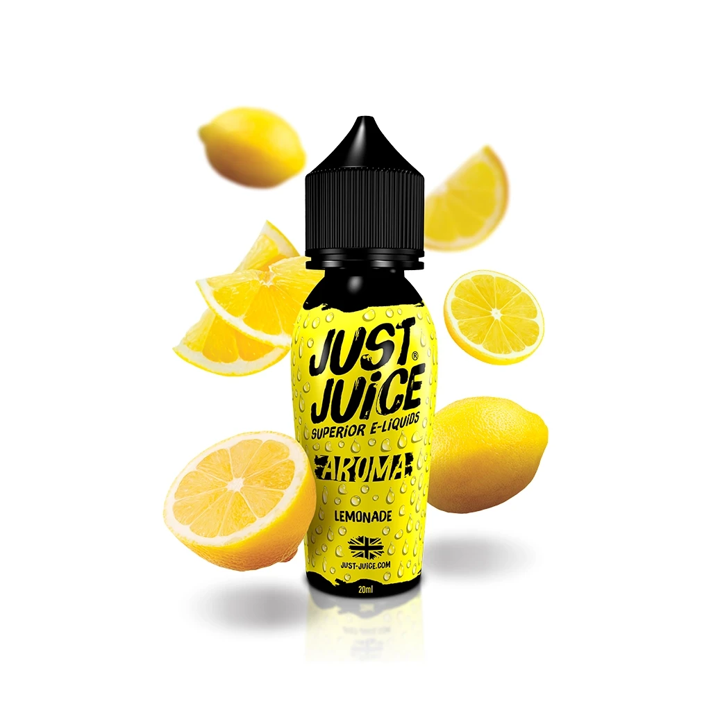 Frasco de Just Juice Iconic Lemonade de 20 ml, con etiqueta amarilla y tapón negro, rodeado de limones enteros y cortados sobre fondo blanco.