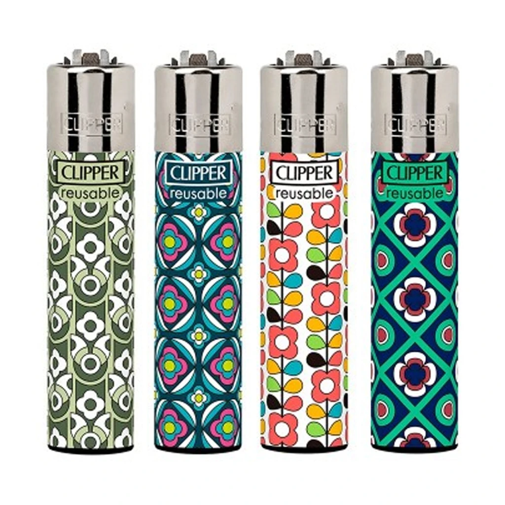 Selección de mecheros Clipper Classic Retro Spring con distintos estampados florales y geométricos multicolor sobre fondo blanco.
