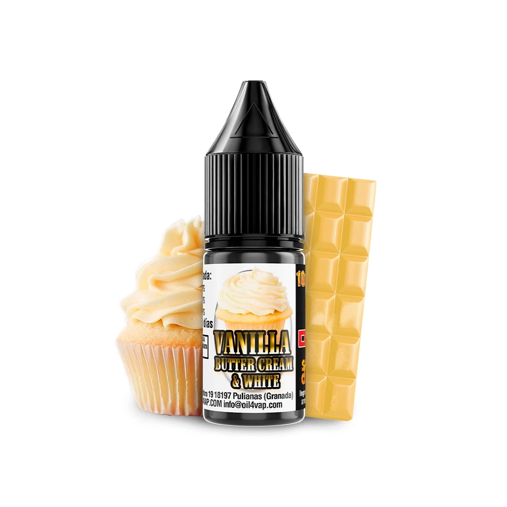 Frasco de Oil4Vap Vanilla Butter Cream & White con tapón negro, junto a una magdalena con crema y una tableta de chocolate blanco.