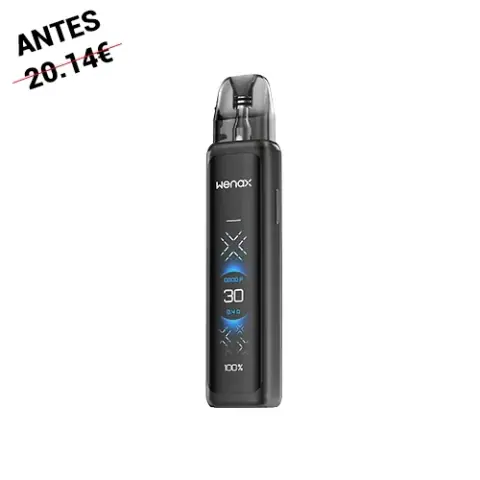 Geekvape Wenax Q Ultra negro en posición vertical, con boquilla translúcida y pantalla frontal iluminada que muestra el número 30.