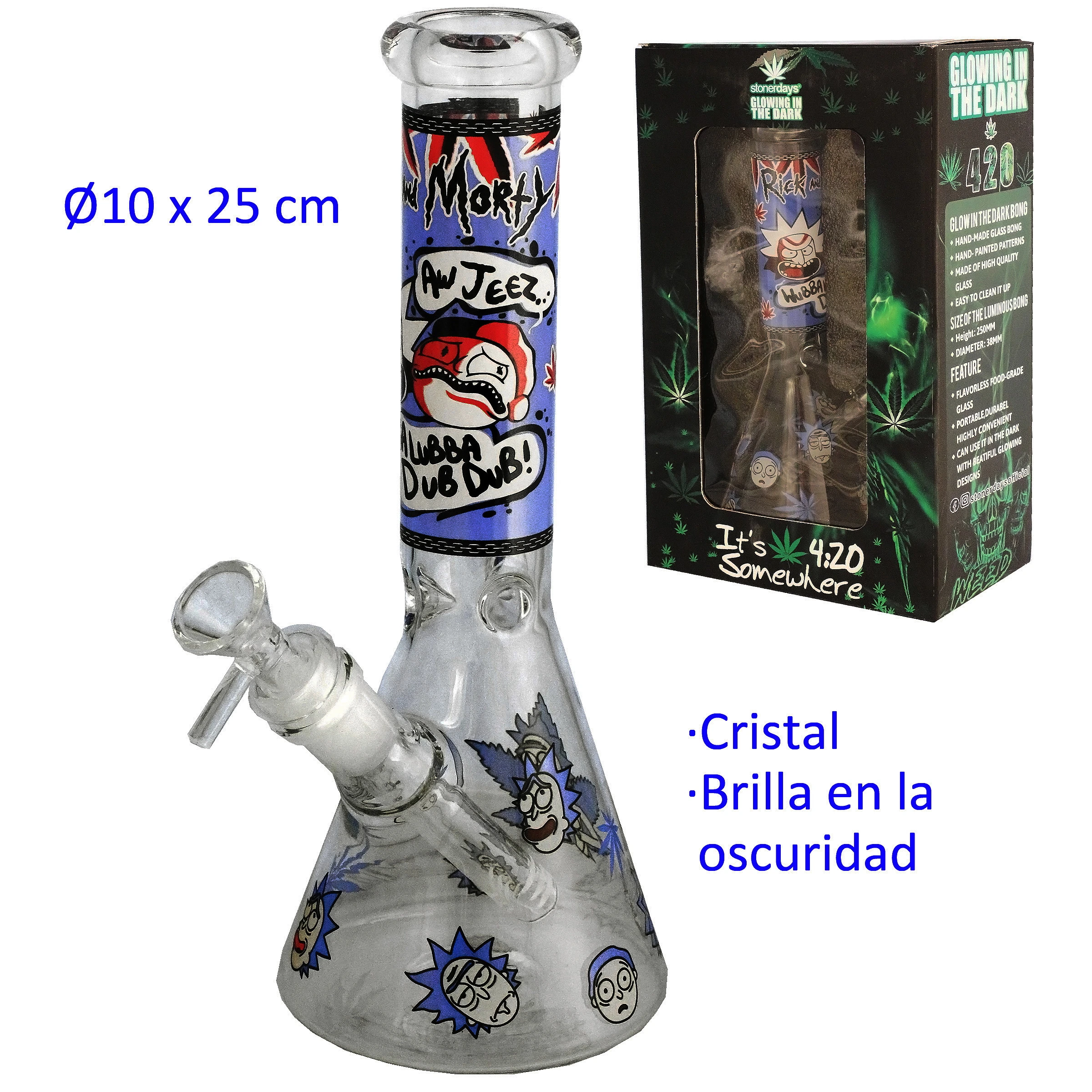 Bong de cristal de 25 cm con base cónica, cazoleta lateral y dibujos de Rick y Morty, junto a su caja con texto sobre brillo en la oscuridad.