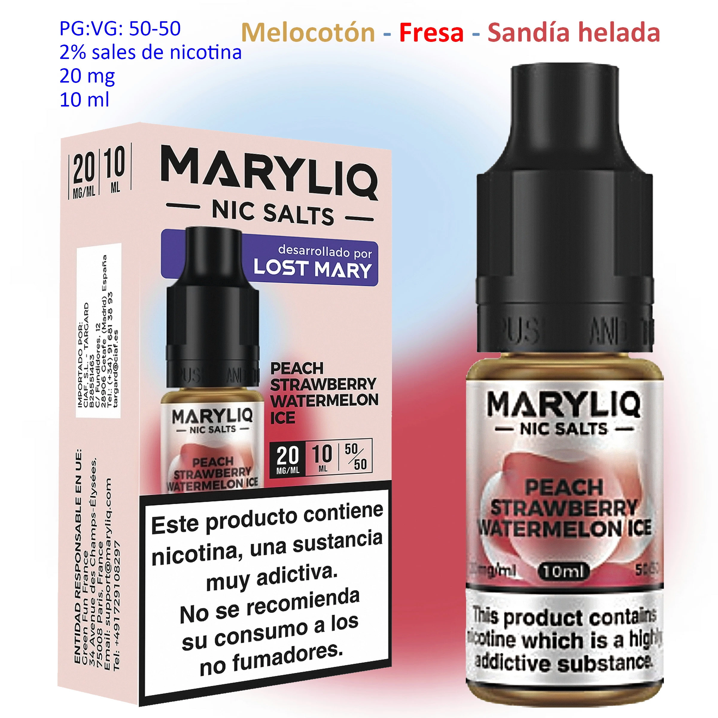 Frasco y caja de MARYLIQ Peach Strawberry Watermelon Ice, con indicaciones de 20 mg/ml, 10 ml y advertencias sobre la nicotina.