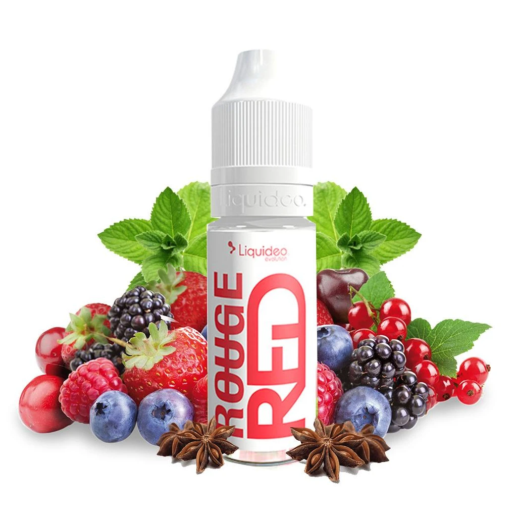Frasco de Liquideo Rouge con tapón blanco, rodeado de frutos rojos, arándanos, hojas verdes y anís estrellado.