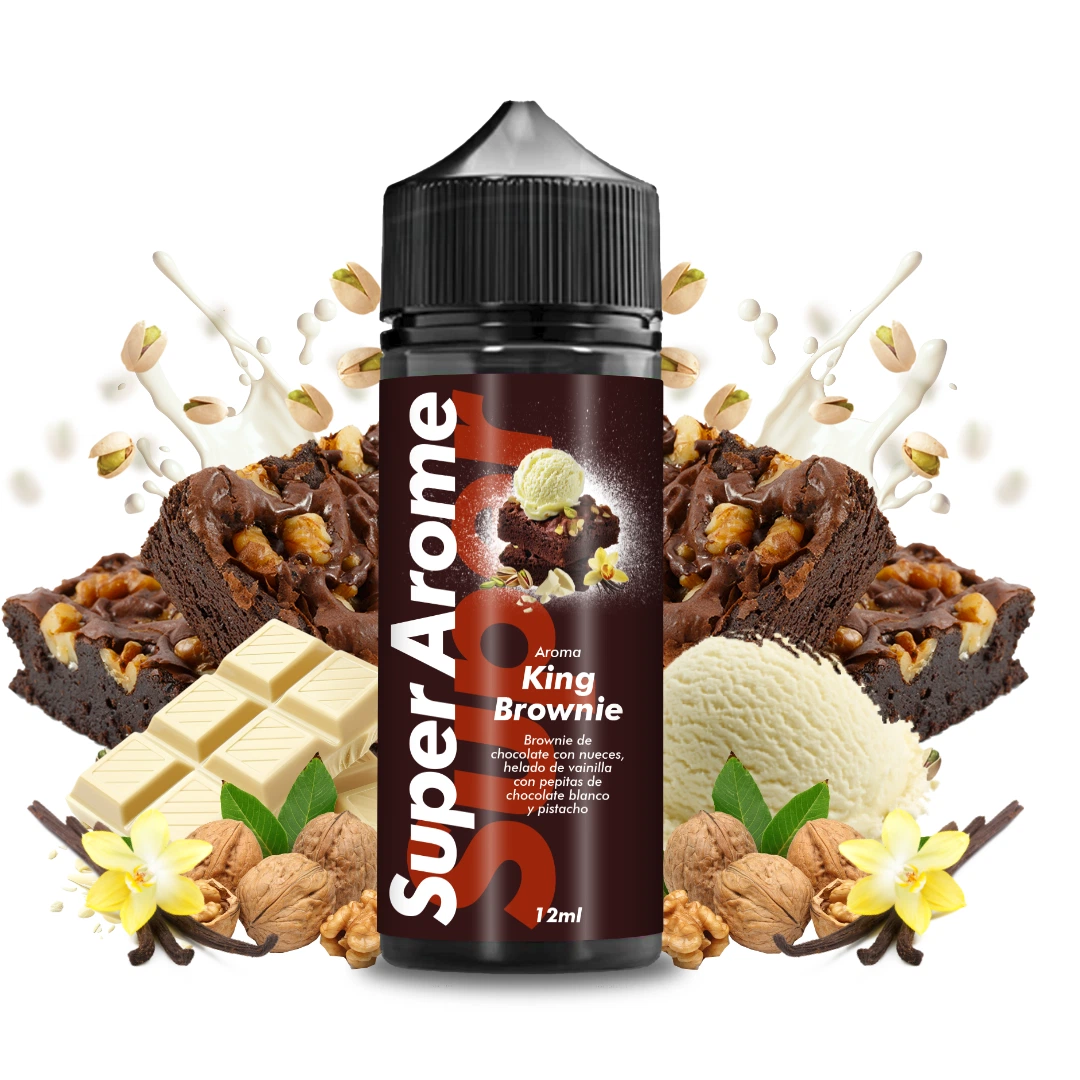 Frasco de Super Arome King Brownie con tapón negro, rodeado de brownies, helado, chocolate blanco, nueces y pistachos.
