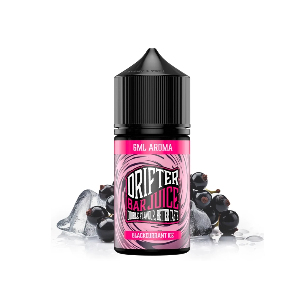 Frasco Drifter Bar Juice Blackcurrant Ice con etiqueta rosa que indica 6 ml de aroma, rodeado de grosellas negras y cubitos de hielo.