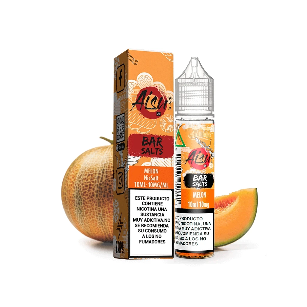Frasco y caja naranja de Aisu Bar Salts Melon, con etiquetas de 10 ml y 10 mg/ml y advertencia de nicotina, junto a un melón y una rodaja.