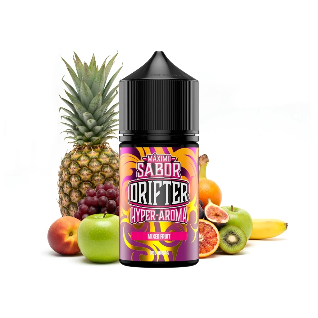Bote de Drifter Hyper Mixed Fruit Longfill con tapón negro y etiqueta rosa y amarilla, rodeado de frutas sobre fondo blanco.