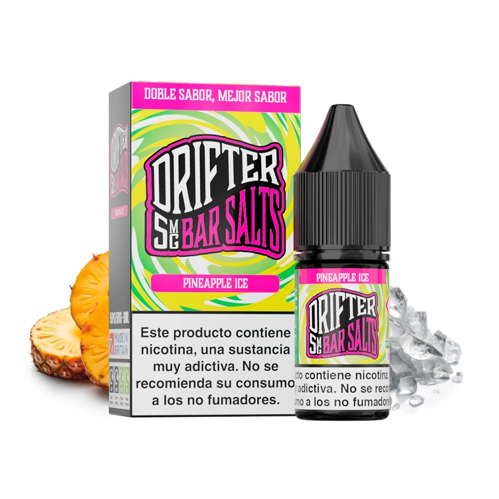 Frasco y caja de Drifter Bar Salts Pineapple Ice, con etiqueta verde y rosa, advertencia sobre nicotina, piña cortada y cubitos de hielo.