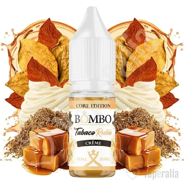 Frasco de Tabaco Rubio Crème Bombo Core Edition con tapón blanco, rodeado de hojas de tabaco, crema y dados de caramelo.