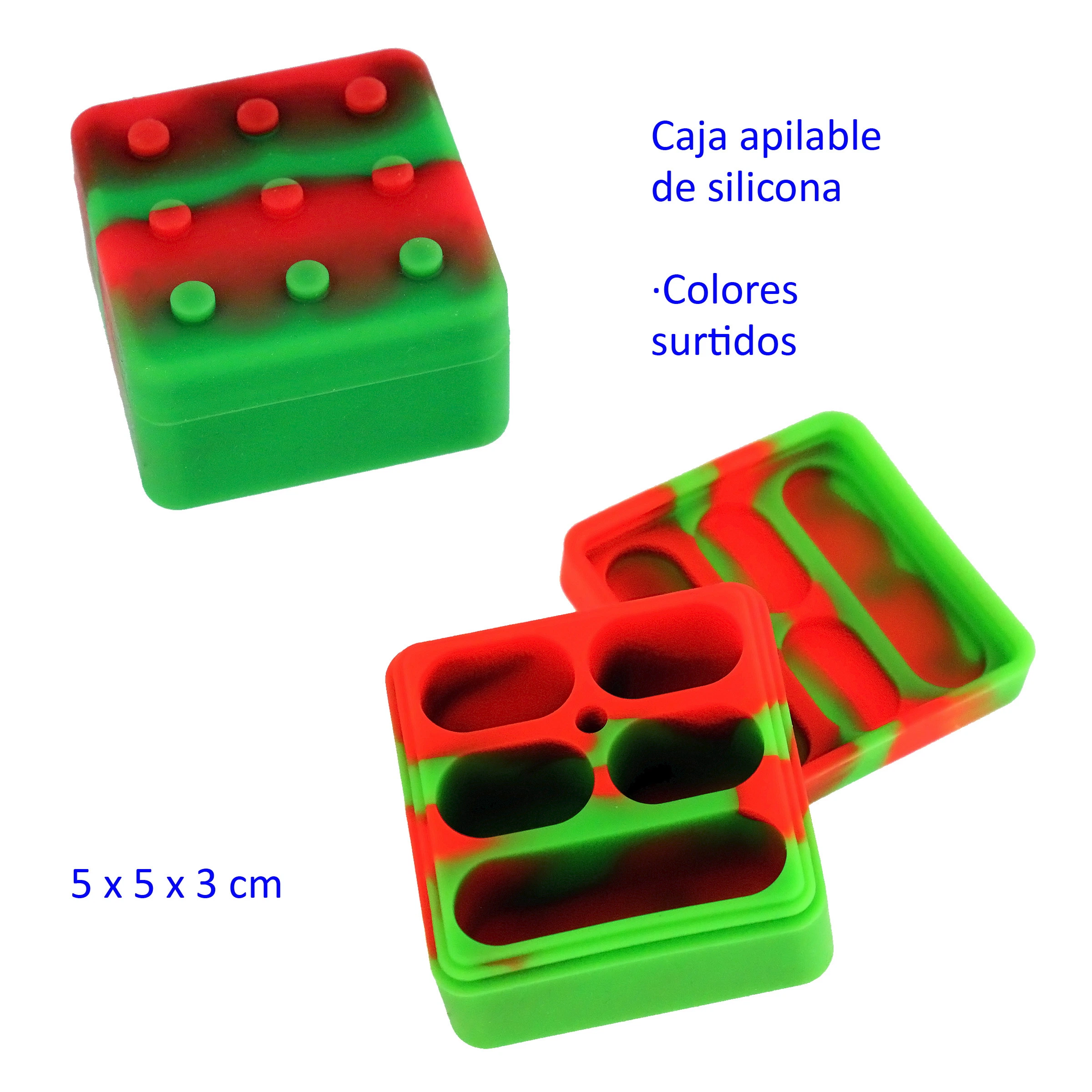 Caja cuadrada de silicona roja y verde, mostrada cerrada y abierta, con compartimentos interiores y salientes circulares en la tapa.