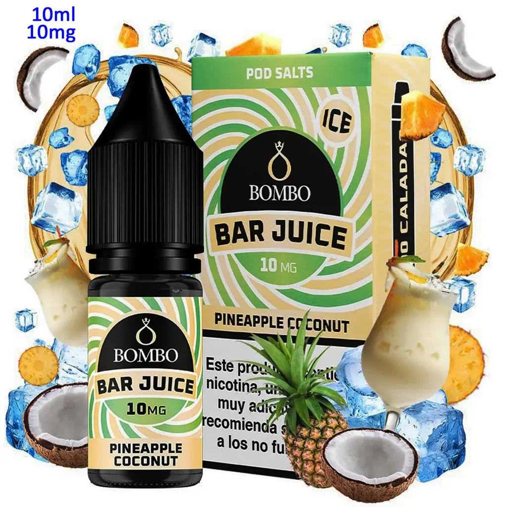 Frasco y caja de Bombo Bar Juice Pineapple Coconut Ice, rotulados 10 mg, entre piña, coco, copas y cubitos de hielo.