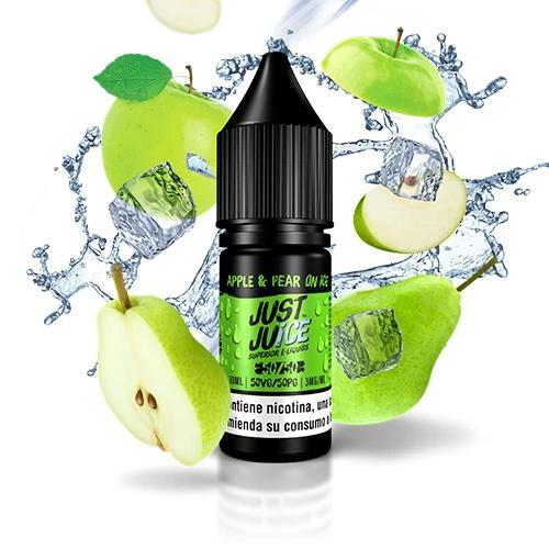 Frasco de e-líquido Just Juice Apple & Pear On Ice con tapón negro, rodeado de manzana verde, pera, cubitos de hielo y salpicaduras.