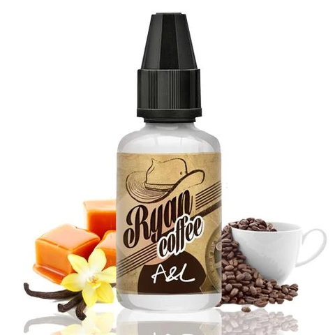 Frasco de aroma A&L Ryan Coffee con tapón negro, rodeado de granos de café, una taza blanca, caramelos, vainas y una flor amarilla.