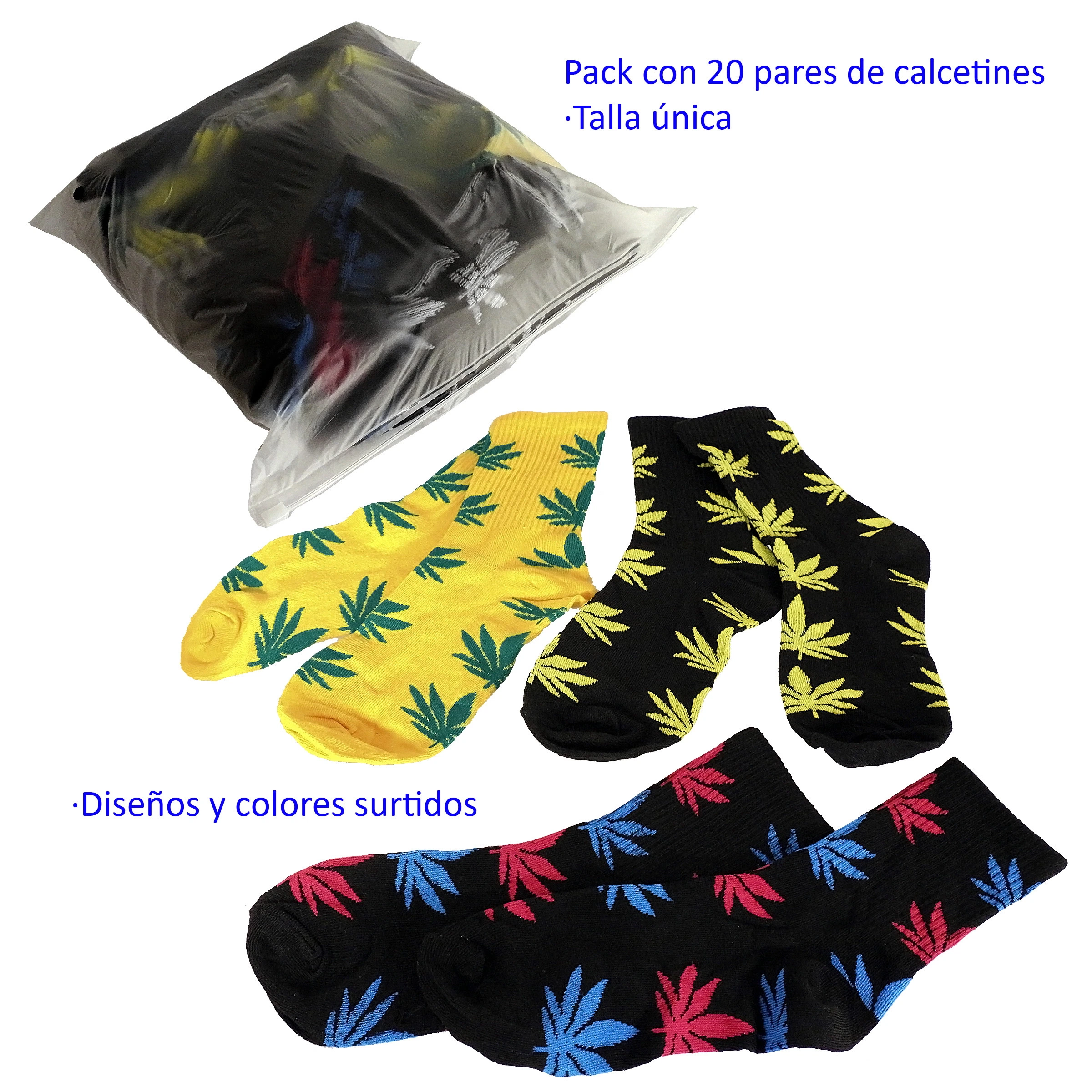Calcetines amarillos y negros con hojas de cannabis verdes, amarillas, rosas y azules, junto a una bolsa; texto de 20 pares y talla única.