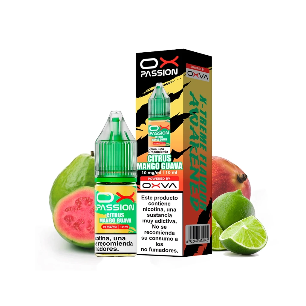 Frasco y caja de Ox Passion Citrus Mango Guava de Oxva, con etiqueta de 10 mg/ml y 10 ml, rodeados de guayaba, mango y lima.