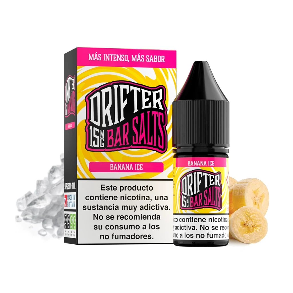 Frasco y caja Drifter Bar Salts Banana Ice en amarillo y rosa, con indicación de 15 mg y advertencia de nicotina, junto a plátano y hielo.