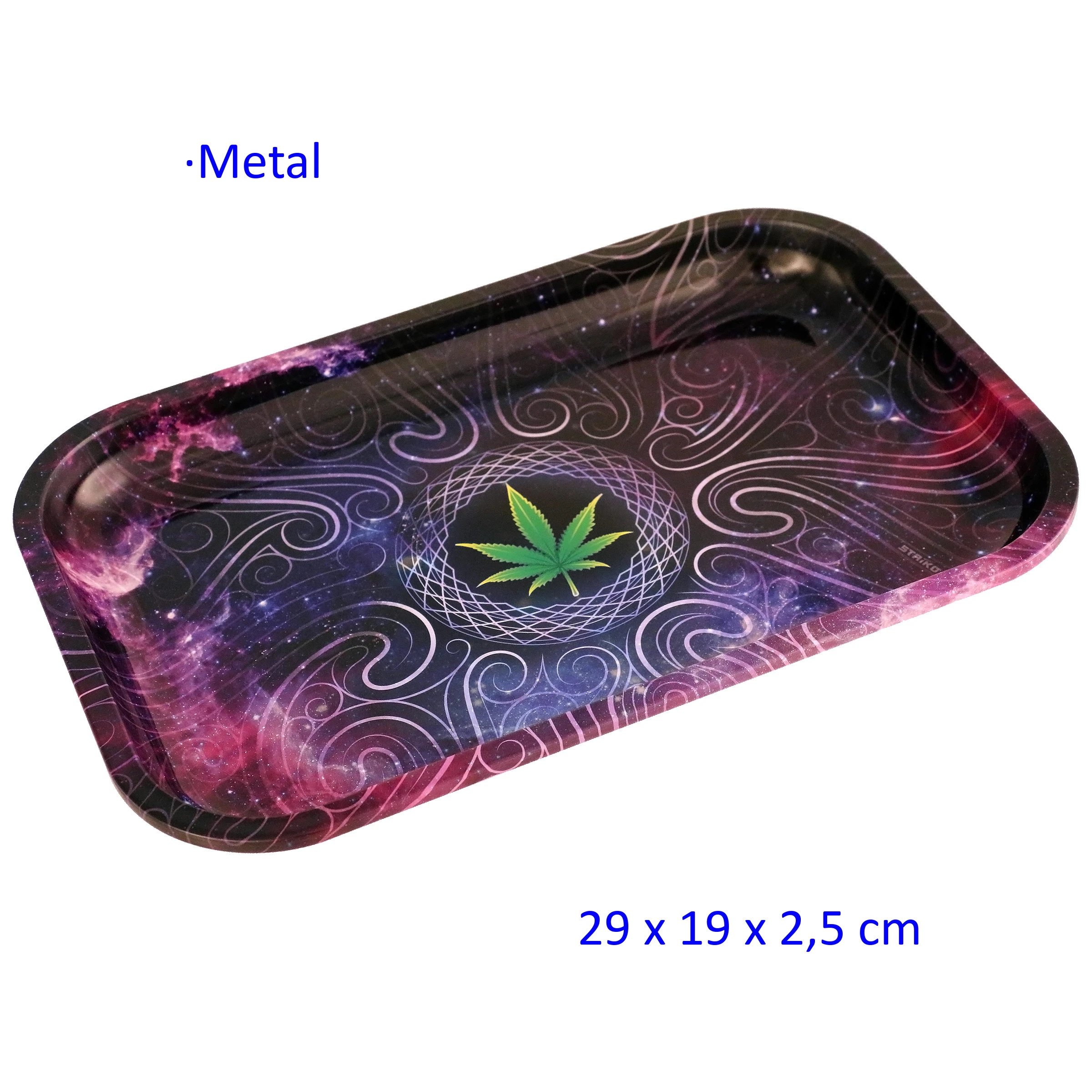Bandeja para liar de 29 × 19 cm, con bordes elevados, fondo galáctico morado y una hoja verde central rodeada de motivos geométricos.