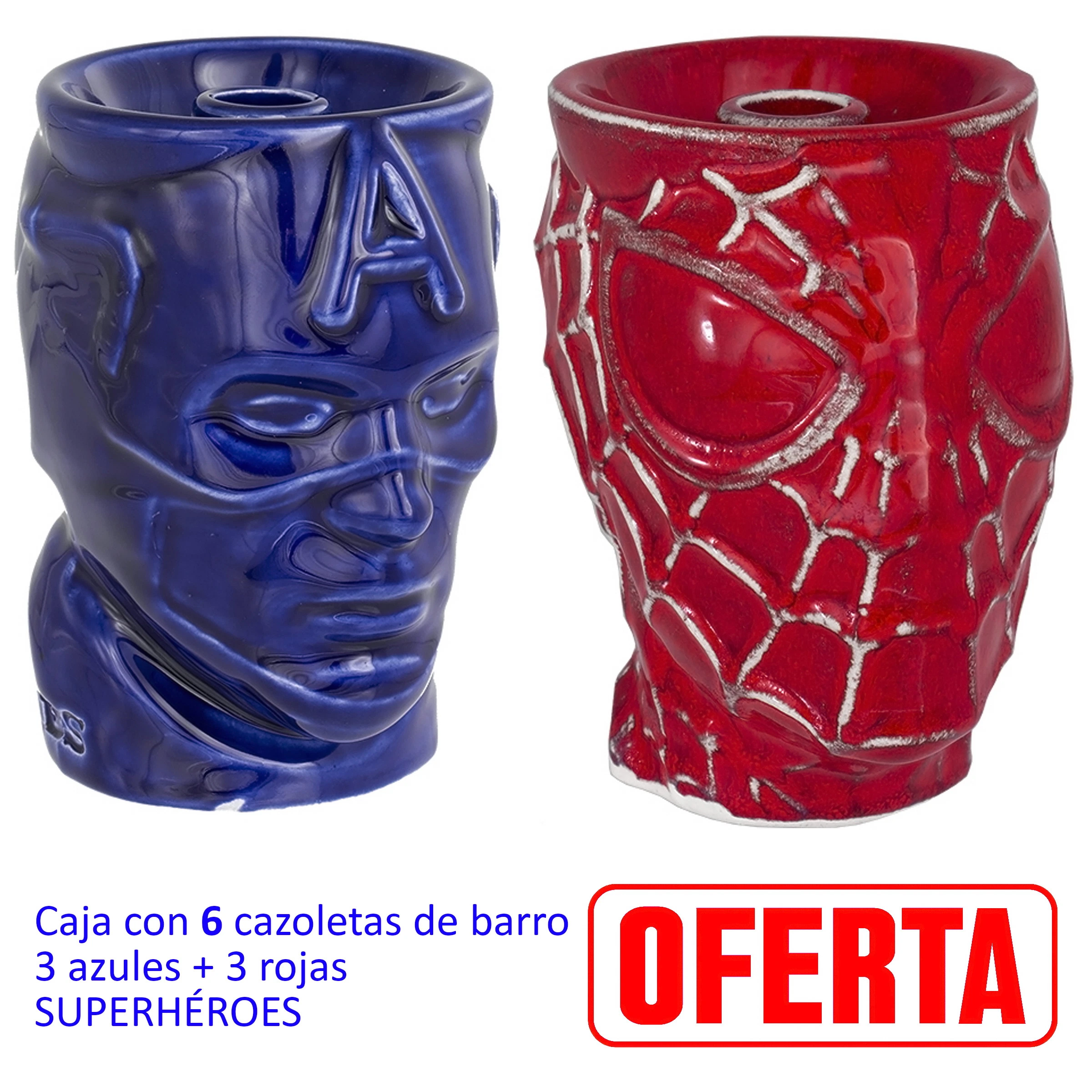 Cazoletas para cachimba con relieves de superhéroes: modelo azul con una A en la frente y modelo rojo con telarañas.