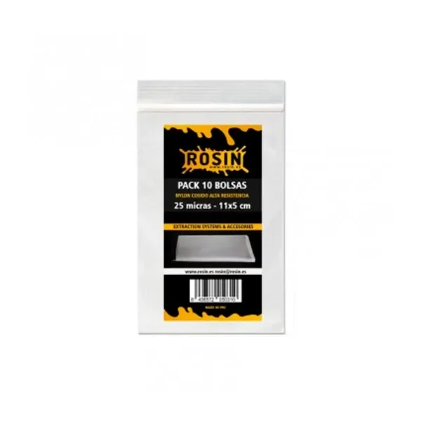 Envase blanco de bolsas Rosin Press con etiqueta negra y amarilla que indica pack de 10 bolsas, 25 micras y 11 x 5 cm.