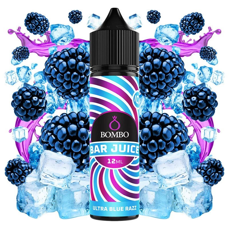 Frasco Bombo Bar Juice Ultra Blue Razz de 12 ml con tapón negro y etiqueta azul y morada, rodeado de bayas azules y cubitos de hielo.